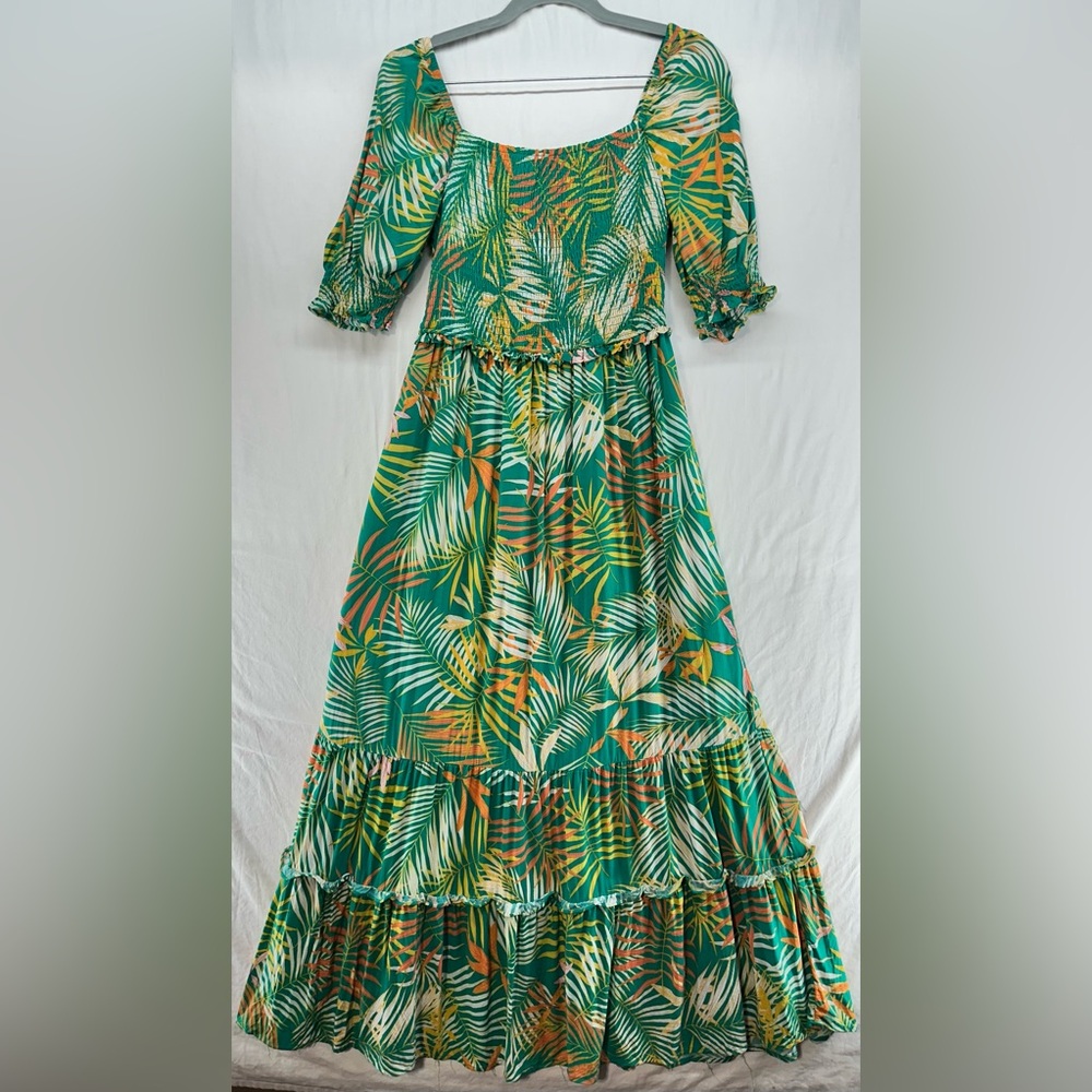 Betsey Johnson Tropical Leaf Print Smocked Ruffled Maxi Dress‎ Size Small